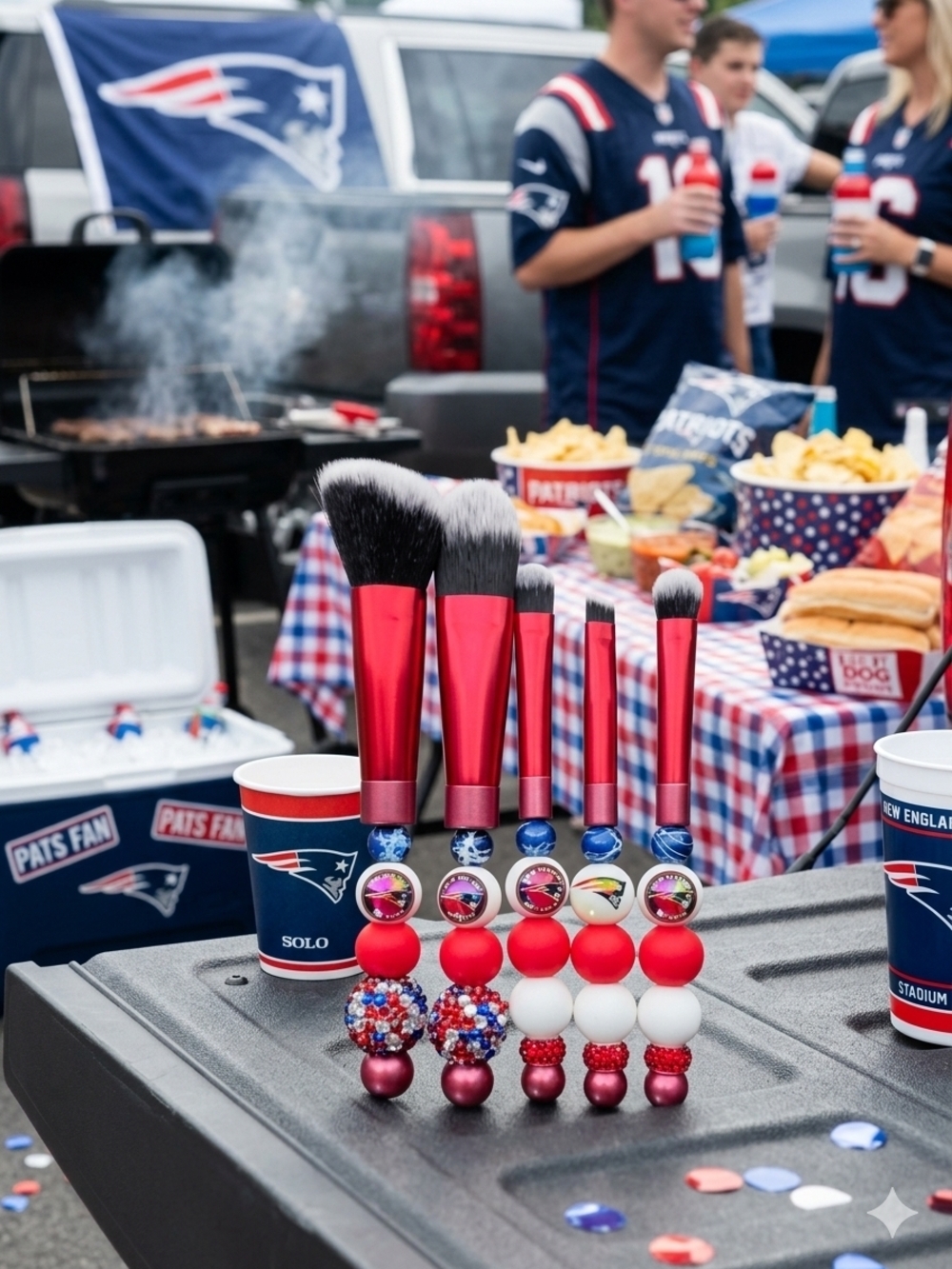 Handcrafted Patriots Beaded Makeup Brush Set- NIP